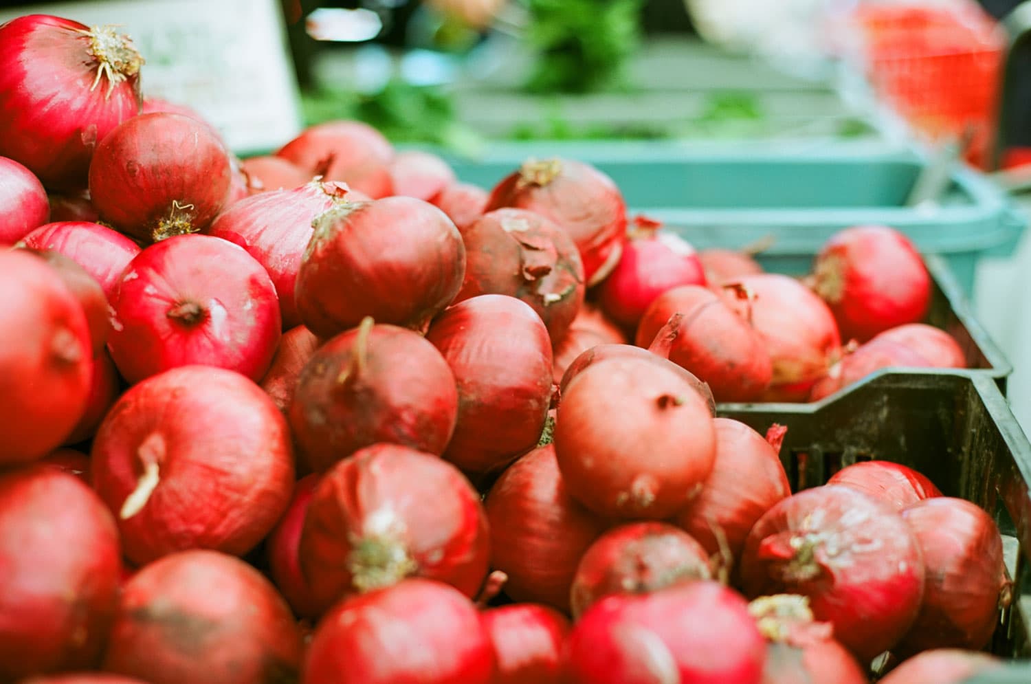 A large pile of red onions in a black plastic crate.