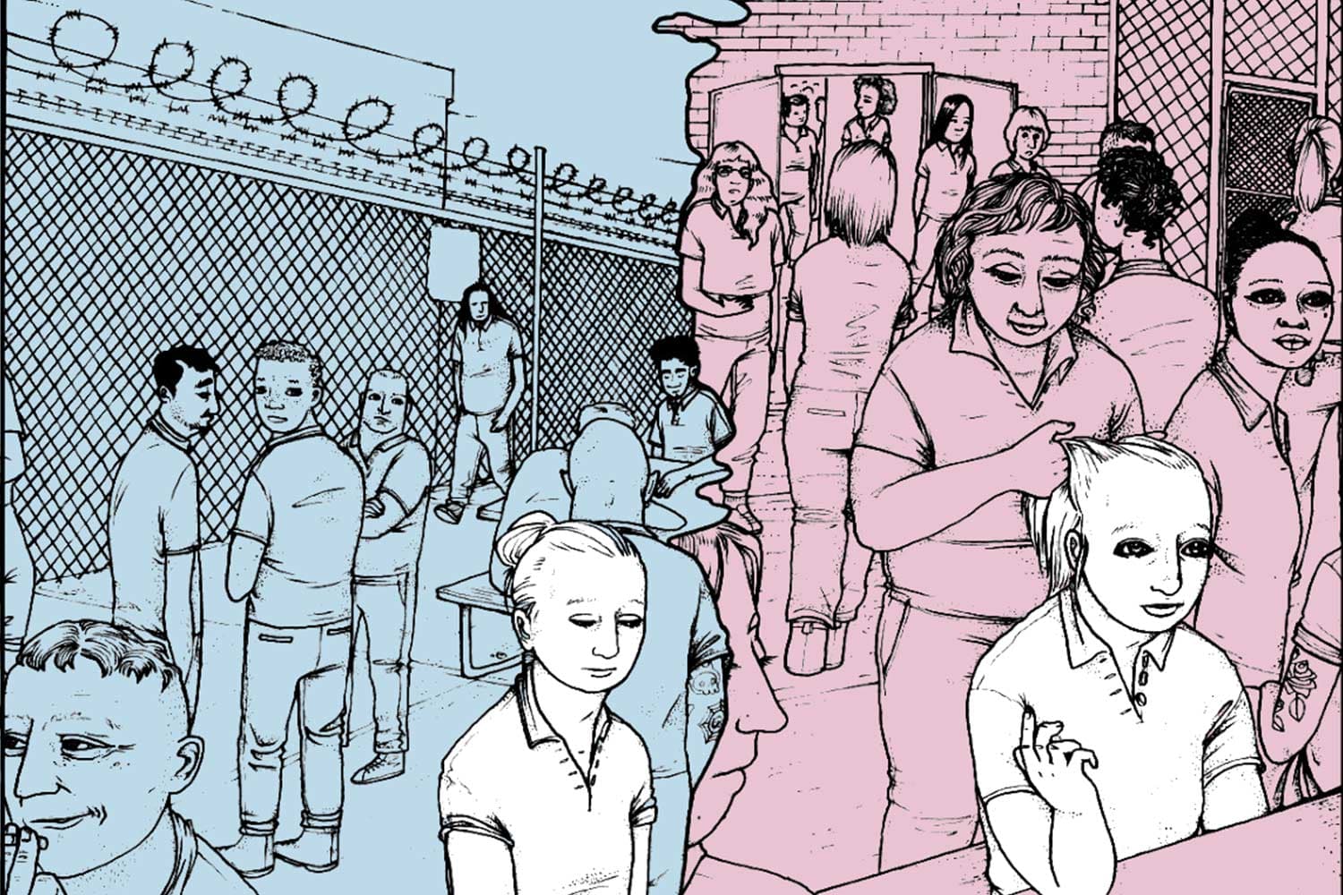 Illustration—left, a trans-woman prisoner alone in a corner in a men’s prison yard; right, a woman inmate braids the trans prisoner’s hair.